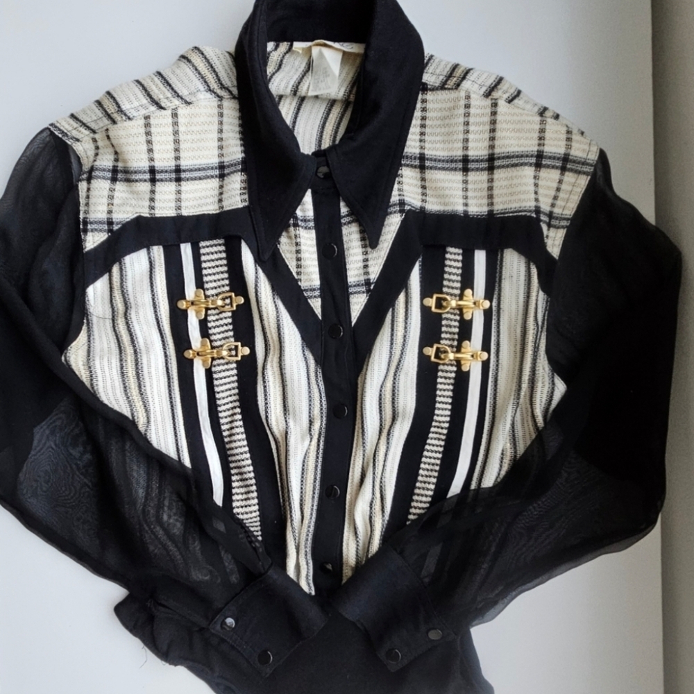 CACHE Vintage Black & White Striped Sheer Sleeve Bodysuit With Gold Toggles